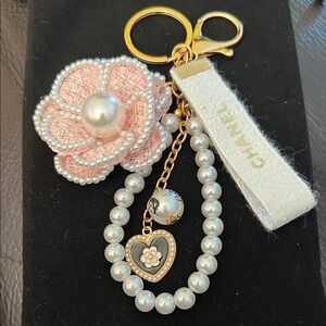 Pink and Gold Keychain with Camila Flower and Authentic Chanel Ribbon